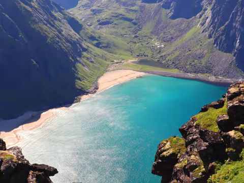 Aerial view of Kvalvika beach in Lofoten