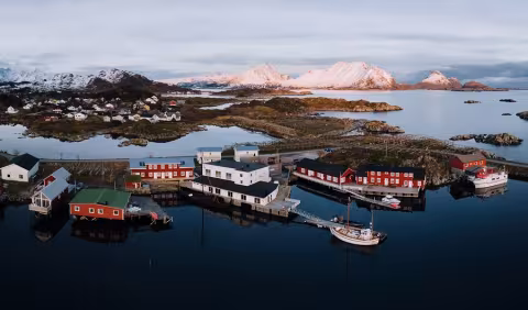 Aerial view of Solsiden Brygge in Ballstad, Lofoten